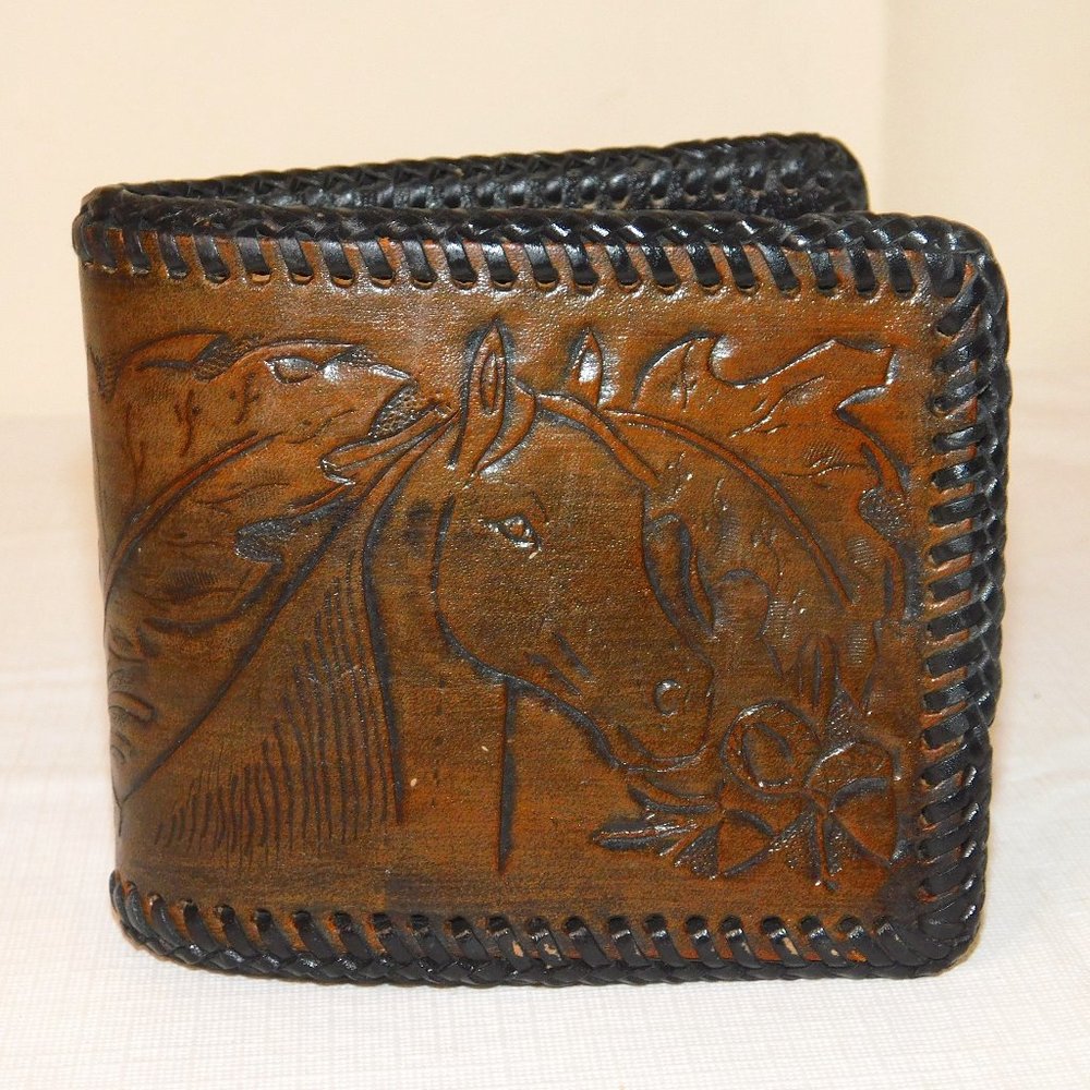 Vintage Men's Leather Hand Tooled Wallet Horse Acorns & Leaves